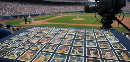 A collection of vintage baseball cards displayed on a table at a baseball stadium