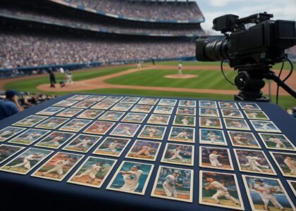 A collection of vintage baseball cards displayed on a table at a baseball stadium